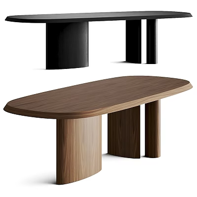Modern Walnut Wooden Oval Dining Table With Cylindrical Legs And Smooth Surface Design 3d model