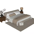 Beige White Double Bed with Pillows Quilt Bedside Tables Vase Lamp Woven Rug