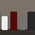 Different Colored Upright Refrigerators Freezers White Red Gray Black Arranged Against Wall