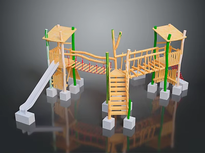 Wooden Children's Playground Structure With Slide Climbing Frame Stairs And Green Pillars 3d model