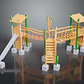 Wooden Children's Playground Structure With Slide Climbing Frame Stairs And Green Pillars