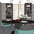 Elegant Modern Restaurant Interior Featuring Dining Table Chairs Cherry Blossom Vase Coffee Machine And Cabinets