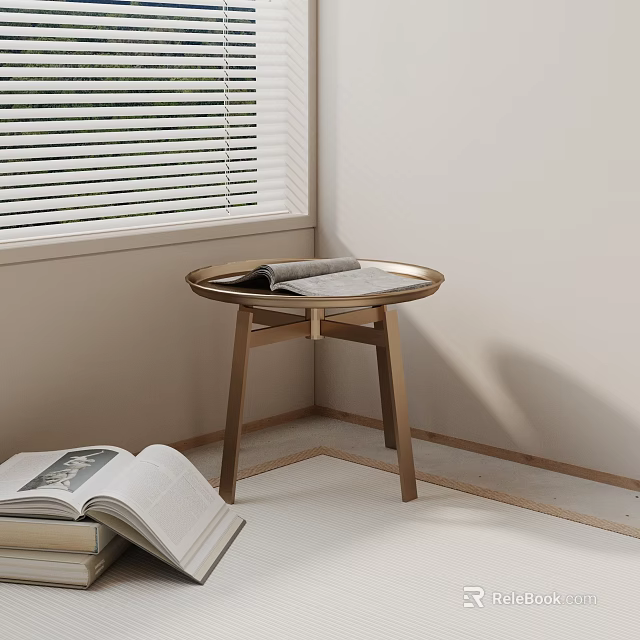 Round Wooden Side Table with Books in Living Room Corner by Window Blinds 3d model 