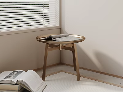 Round Wooden Side Table with Books in Living Room Corner by Window Blinds 3d model