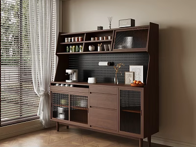 Modern Walnut Sideboard With Open Shelves Mesh Doors Coffee Maker And Decor On Wooden Floor 3d model