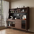 Modern Walnut Sideboard With Open Shelves Mesh Doors Coffee Maker And Decor On Wooden Floor