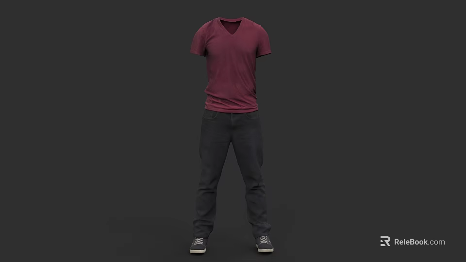 Maroon V Neck Short Sleeve T Shirt With Dark Pants And Gray Shoes 3d model 