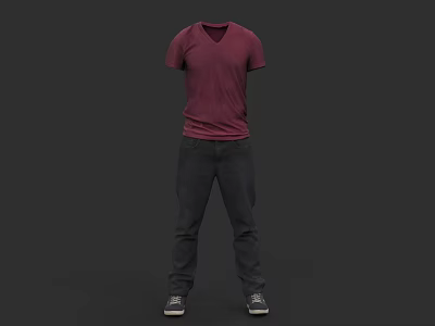 Maroon V Neck Short Sleeve T Shirt With Dark Pants And Gray Shoes 3d model