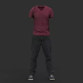 Maroon V Neck Short Sleeve T Shirt With Dark Pants And Gray Shoes