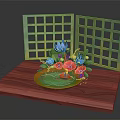 Decorative Wooden Platform Setup With Green Lattice Screen And Floral Water Basin