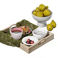 Delicious Breakfast Food on Wooden Tray with Green Cloth Pancakes Strawberries Tea and Green Pears
