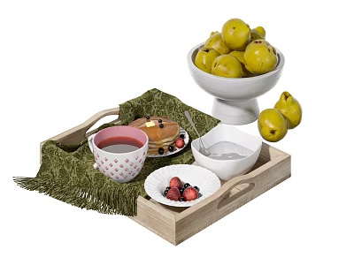 Delicious Breakfast Food on Wooden Tray with Green Cloth Pancakes Strawberries Tea and Green Pears 3d model