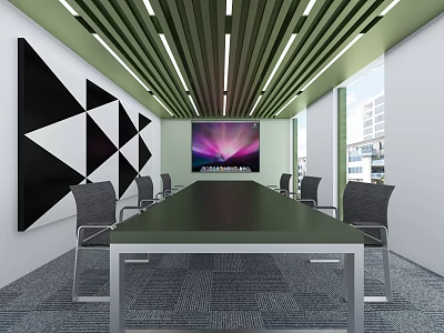 Modern Conference Room With Long Table Chairs Large Screen And Geometric Wall Art 3d model