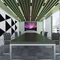 Modern Conference Room With Long Table Chairs Large Screen And Geometric Wall Art