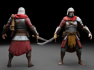Man In Medieval Silver Armor And Red Cloak Holding Sword From Front And Back Views 3d model