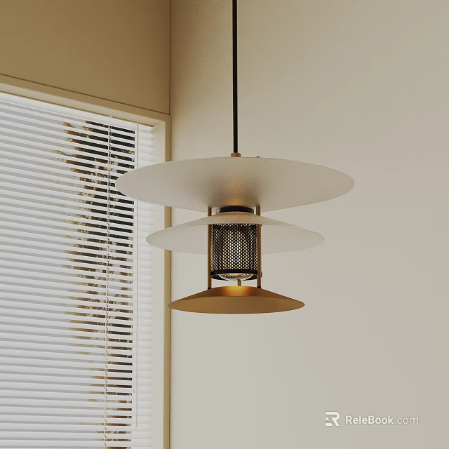 Modern Minimalist Pendant Light With Layered Disc Shades Against White Wall And Window Blinds 3d model 
