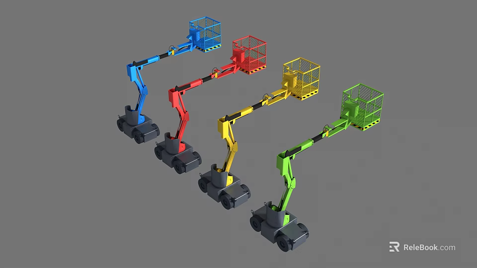 Colorful Industrial Aerial Work Platforms with Extendable Booms and Work Baskets for Construction 3d model 
