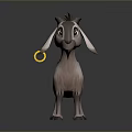 Cute Horned Cartoon Goat Holding Yellow Ring In Mouth On Gray Background With Ground Reflection