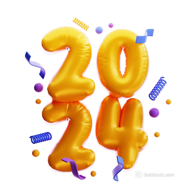 Festive 2024 Golden Balloon Decorative Ornament Set With Streamers And Dots 3d model 
