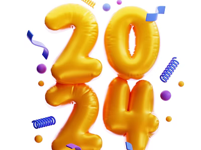 Festive 2024 Golden Balloon Decorative Ornament Set With Streamers And Dots 3d model
