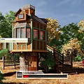 Wooden Treehouse With Multiple Levels Balcony Staircase And Green Slide In Natural Outdoor Setting