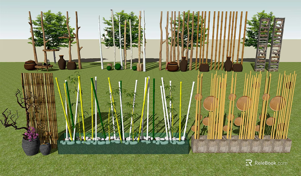 Outdoor Garden Decorative Dividers With Bamboo Poles Wooden Screens And Colored Stakes 3d model 