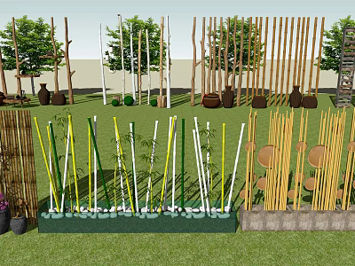 Outdoor Garden Decorative Dividers With Bamboo Poles Wooden Screens And Colored Stakes 3d model