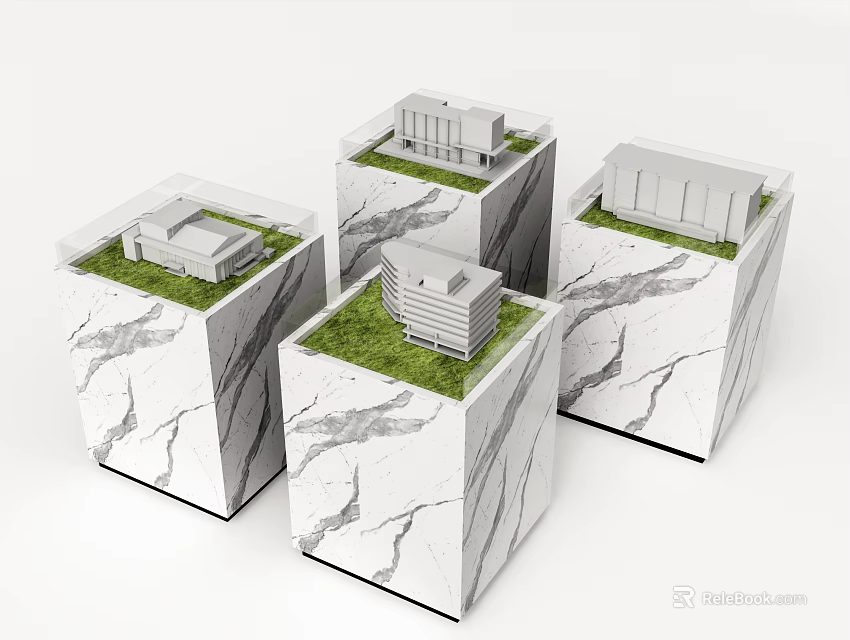 Four Sand Tables With White Building Models Green Lawns And Marble Textured Bases 3d model 