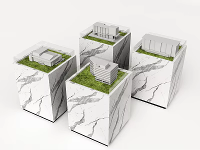 Four Sand Tables With White Building Models Green Lawns And Marble Textured Bases 3d model