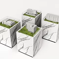 Four Sand Tables With White Building Models Green Lawns And Marble Textured Bases