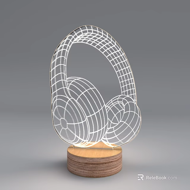 Creative Headphone Shaped Table Lamp With 3D Line Design And Wooden Base 3d model