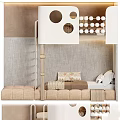 Cozy Children's Bunk Bed With Beige Ladder Padded Mattress Soft Pillows And Gray Walls