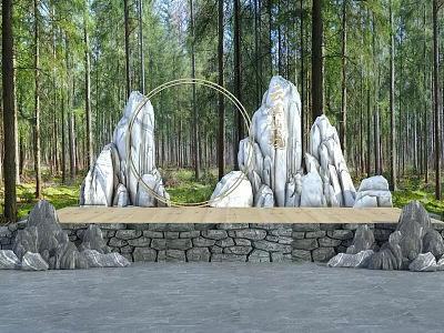 Tranquil Garden Landscape with Stone Platform Rock Formations and Golden Circular Arch in Woodland 3d model