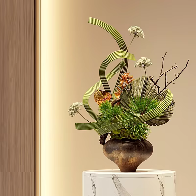 Elegant Vase Floral Arrangement with Green Ribbons White Small Flowers Pine Needles and Brown Vase 3d model