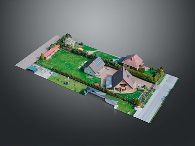 Architectural Model of Residential Houses With Green Lawn Solar Panels Surrounding Trees And Road 3d model