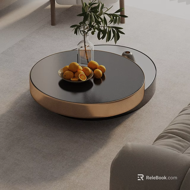 Light Gray Sofa and Coffee Table Set Round Black Tabletop Golden Frame Green Plant Oranges 3d model 
