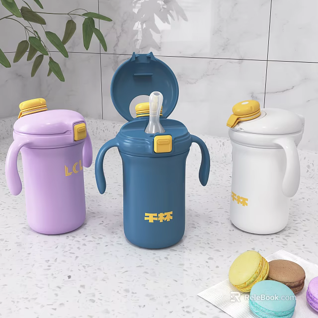 Colorful Kids Straw Tumblers With Handles And Open Lid In Purple Blue White 3d model 