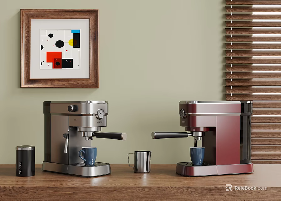Modern Coffee Machines Silver And Red On Wooden Countertop With Decorative Painting And Window Blinds 3d model 