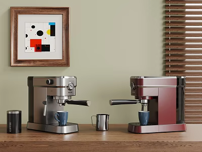 Modern Coffee Machines Silver And Red On Wooden Countertop With Decorative Painting And Window Blinds 3d model