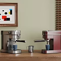 Modern Coffee Machines Silver And Red On Wooden Countertop With Decorative Painting And Window Blinds