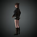 Woman Wearing Black Leather Jacket Brown Vest Black Shorts And Brown Boots With Arms Outstretched