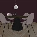 Dining Table Set With Round Top Pink Chairs And White Globe Pendant Light 3d model