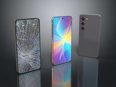 Three Smartphones Displaying Cracked Screen Colorful Display And Triple Camera Back Design 3d model