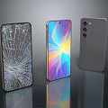 Three Smartphones Displaying Cracked Screen Colorful Display And Triple Camera Back Design