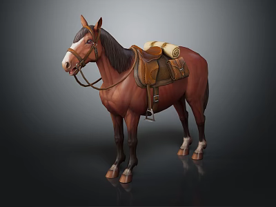 Brown Horse With Leather Saddle And Rolled Blanket On Back Standing Still 3d model