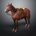 Brown Horse With Leather Saddle And Rolled Blanket On Back Standing Still