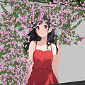 White Wall Adorned With Purple Flower Vines And Girl In Red Dress