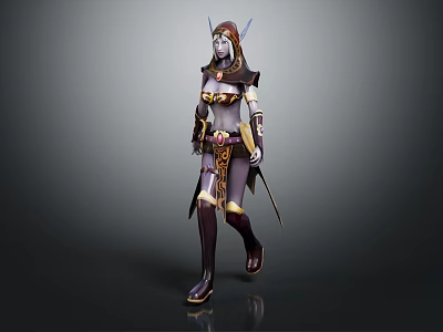 Fantasy Female Elven Warrior Character With Decorative Golden Armour Holding Swords In Battle Pose 3d model