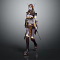 Fantasy Female Elven Warrior Character With Decorative Golden Armour Holding Swords In Battle Pose