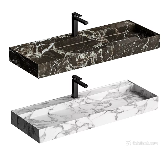 Modern Rectangular Black And White Marble Washbasin With Sleek Faucet Design 3d model